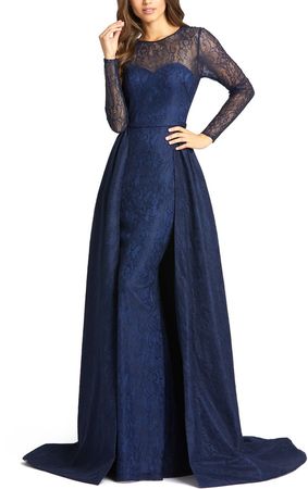 Long Sleeve Lace Column Gown with Overskirt