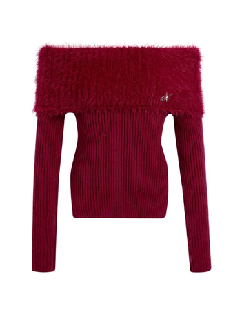 NIMO WANG Off-shoulder Side-slit Fur Rib-knit