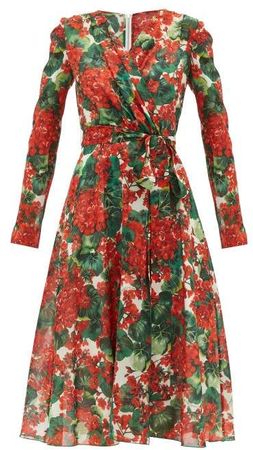 Geranium Print Silk Blend Midi Dress - Womens - Red Multi