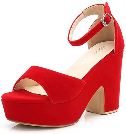 Amazon.com | CAMSSOO Platforms Wedges, Women's Open Toe Ankle Strap Chunky High Heels Pumps Sandals Red Velvet US6 CN36 | Platforms & Wedges