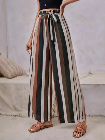 SHEIN Block Striped Paper Bag Waist Belted Pants | SHEIN USA