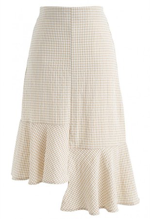 Sweet Gingham Frill Hem Pencil Skirt in Light Tan - Skirt - BOTTOMS - Retro, Indie and Unique Fashion