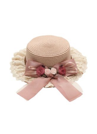 flowers hat boater ribbon pink red straw vintage
