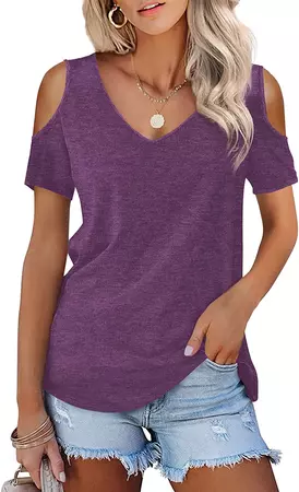 Amoretu Women Casual Hollowed Out Shoulder Solid Short Sleeve T-Shirt (Purple,M) at Amazon Women’s Clothing store