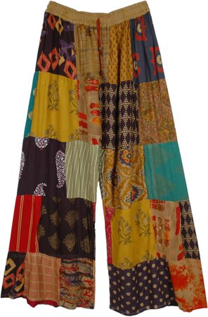 Warm Brown Hues Patchwork Wide Leg Hippie Pants | Brown | Split-Skirts-Pants, Patchwork,Printed, Bohemian, Handmade