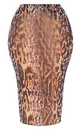 Plus Brown Leopard Print Mesh Midi Skirt | PrettyLittleThing USA