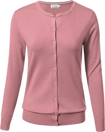 Allsense Women's Long Sleeve Button Down Lightweight Crewneck Knit Cardigan Sweater L Dusty Pink at Amazon Women’s Clothing store