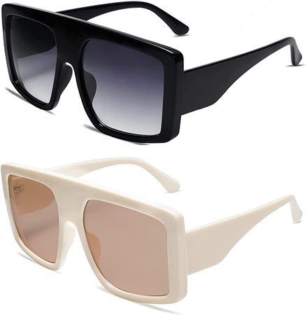 Amazon.com: VANLINKER Oversized Square Sunglasses Big Flat Top baddie Shades 2 Pack Black+Beige : Clothing, Shoes & Jewelry