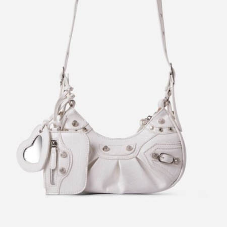 Aracely Studded Purse And Mirror Detail Shoulder Bag In White Faux Leather | EGO