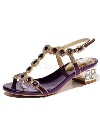 Purple Cowhide Chunky Heel Buttons T-strap Sandals - Milanoo.com