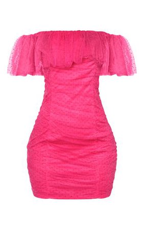 Hot Pink Dobby Mesh Ruffle Bardot Bodycon Dress | PrettyLittleThing