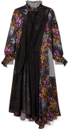 Night Leaves Bow-detailed Layered Silk-jacquard, Crepe And Silk-chiffon Dress - Purple