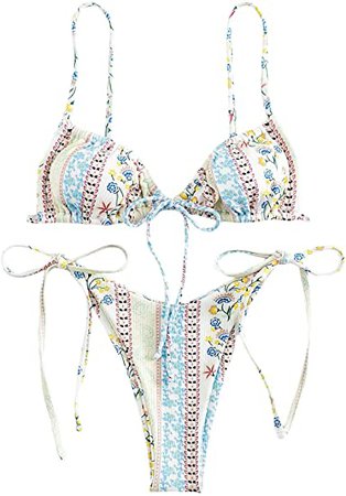 Amazon.com: WDIRARA Women's Floral Print Tie Side Swimwear Straps Bikini Sets Swimsuits : Clothing, Shoes & Jewelry