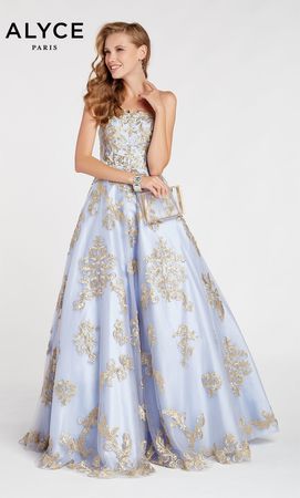 Alyce Paris Style 60396 Reign Over The Night In This Regal Lace Applique A-Line Style. Available In A Pretty Periwinkle/Gold Color Combination.