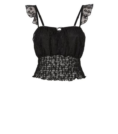 Black Floral Lace Shirred Crop Top | New Look