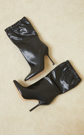 Black Pu Elastic Cuff Mid Heeled Boots | PrettyLittleThing USA