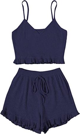 Navy Avanova Women's Pajama Set Ruffle Trim Cami Top and Shorts 2 Piece Sleepwear Set at Amazon Women’s Clothing store