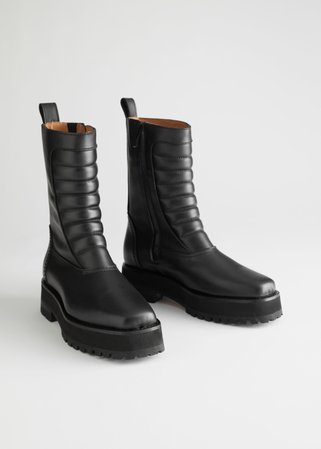Square Toe Leather Biker Boots - Black - Winterboots - & Other Stories