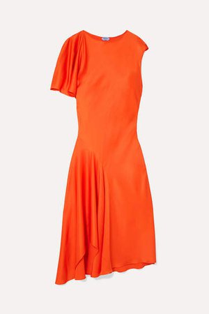 Asymmetric Draped Satin Midi Dress - Orange