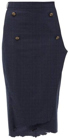 Distressed Hem Checked Wool Pencil Skirt - Womens - Navy