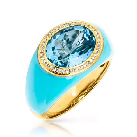 Anne Sisteron 14KT Yellow Gold Diamond Turquoise Enamel Blue Topaz Dome Ring