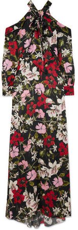Anora Cold-shoulder Floral-print Silk-satin Gown - Black