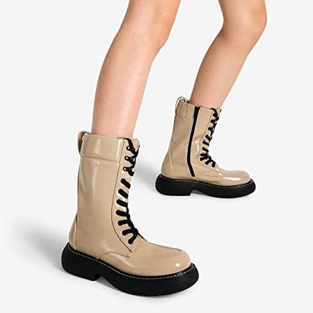 Amazon.com | DREAM PAIRS Women's Platform Combat Boots, Chunky Lug Sole Lace Up Leather Boots, Mid Calf Boots | Mid-Calf