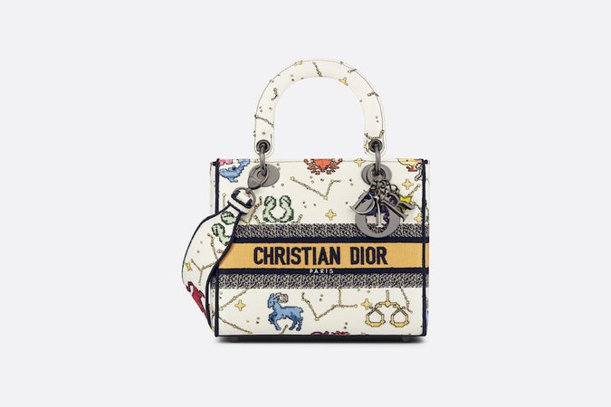 Medium Lady D-Lite Bag Ecru Multicolor Dior Pixel Zodiac Embroidery | DIOR