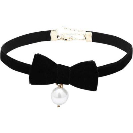Black Lolita Faux Pearl Bow Tie Velvet Choker Necklace