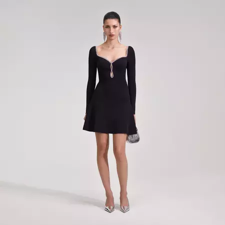 Black Knit Diamante Mini Dress | self-portrait-US