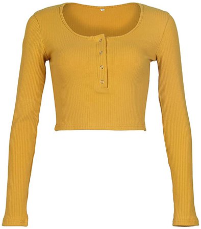 Artfish Women Long Sleeve Scoop Neck Crop Top Sexy Fitted Shirts Yellow, L at Amazon Women’s Clothing store