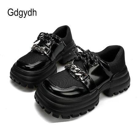Gdgydh primavera mulher chunky tênis corrente preto rendas até plataforma sapatos vulcanizados senhoras gótico sapatos de escola metal japonês - AliExpress