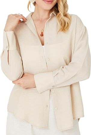 Women's Trendy Button Down Linen Shirts Gauze Long Sleeve Oversized Cotton Tunic Casual Tops Loose Fit Crinkle Texture S-XXL at Amazon Women’s Clothing store