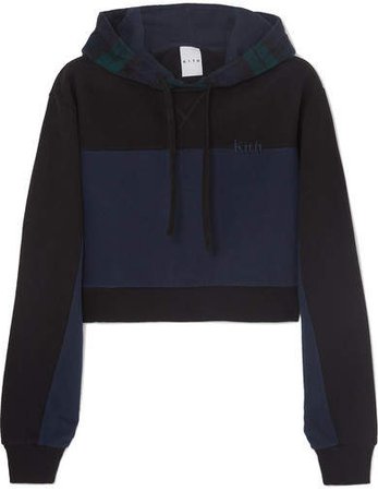 Kith - Katie Cropped Checked Paneled Cotton-jersey And Wool-blend Hoodie - Black