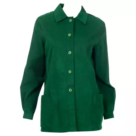 1970s Halston Green Ultrasuede Button Front Chore Jacket Style Shirt For Sale at 1stDibs
