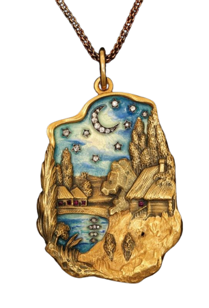 1909. Gold, diamond, ruby and enamel pendant by A. Fuld, Moscow