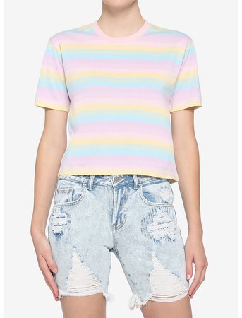 Pastel Rainbow Stripe Boxy Girls Crop T-Shirt