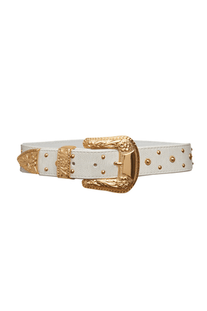 Serendipity White Leather MARKARIAN Belt with Engraved Gold Buckle and Studs