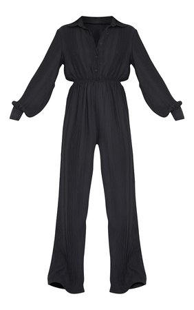 Black Textured Crinkle Shirt Jumpsuit | PrettyLittleThing USA