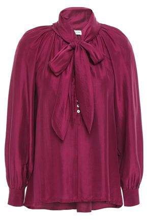 Martine Pussy-bow Gathered Silk-shantung Blouse