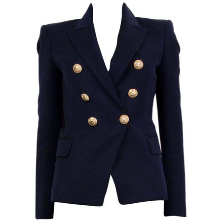 BALMAIN navy blue wool SIGNATURE DOUBLE BREASTED Blazer Jacket 36 For Sale at 1stdibs