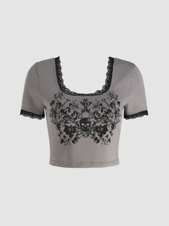 Graphic Print Lace Baby Tee - Cider