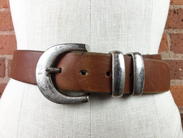 90s Belt for Jeans Brown Leather Distressed Chunky Silver | Etsy