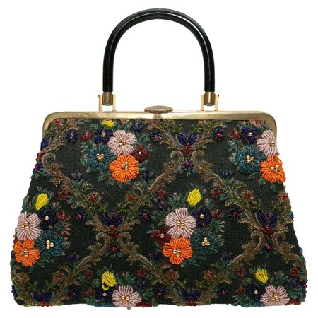 Designer Revival Black and Multicolor Floral Beaded Handbag For Sale at 1stDibs