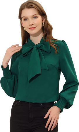 Allegra K Women's Bow Tie Neck Blouse Long Sleeve Smocked Cuff Work Office Shirt Top at Amazon Women’s Clothing store