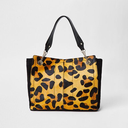 Beige leather leopard print tote bag | River Island