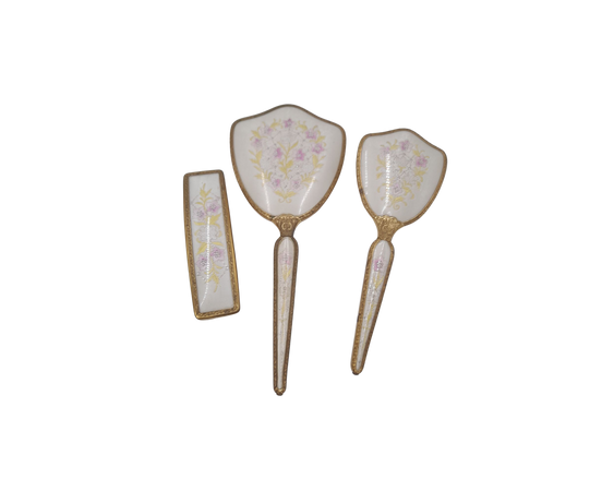 Vintage Vantiy Set - Embroidered Set of 3 Hand Mirror and Hairbrushes