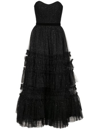 Black Marchesa Notte Ruffled Tiered Strapless Gown For Women | Farfetch.com