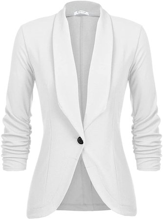 Beyove Women's 3/4 Stretchy Ruched Sleeve Open Front Lightweight Work Office Blazer Jacket White XL at Amazon Women’s Clothing store
