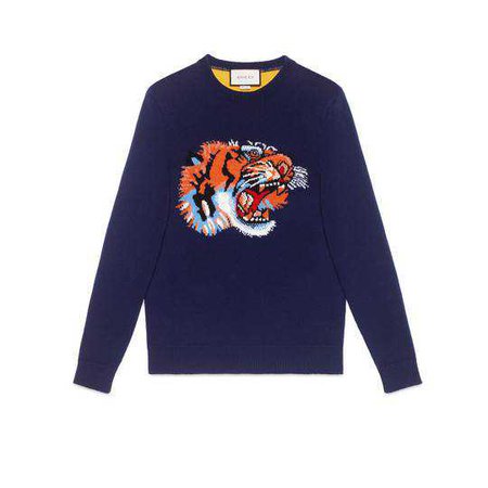 Wool sweater with tiger intarsia - Gucci Men's Sweaters & Cardigans 474693X5T504956